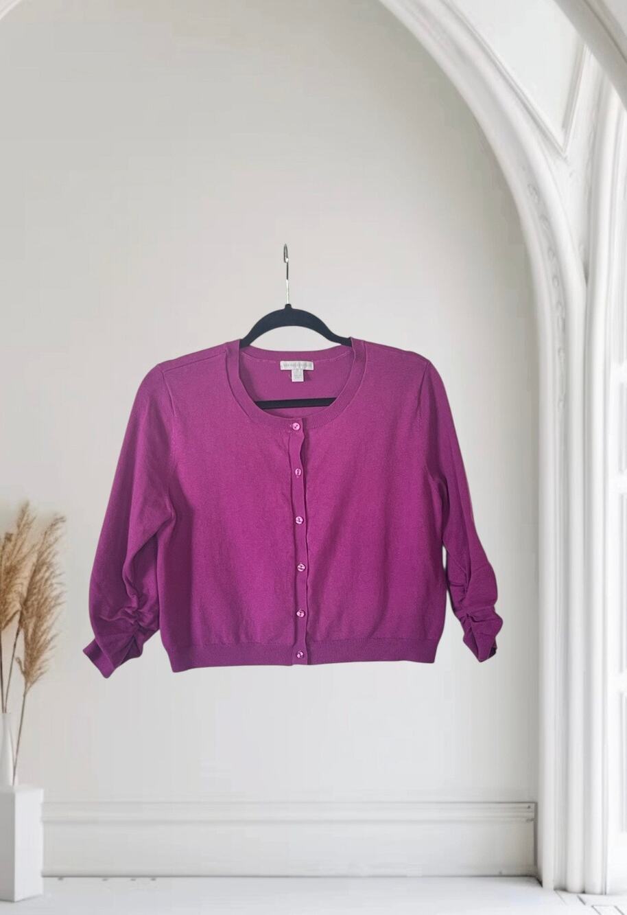 New York & Company Purple Long Sleeves Buttons Down Cardigan Large